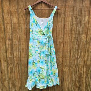 Garnet Hill Blue Yellow Floral 100% Linen Wrap Midi Sundress Womens Size 6
